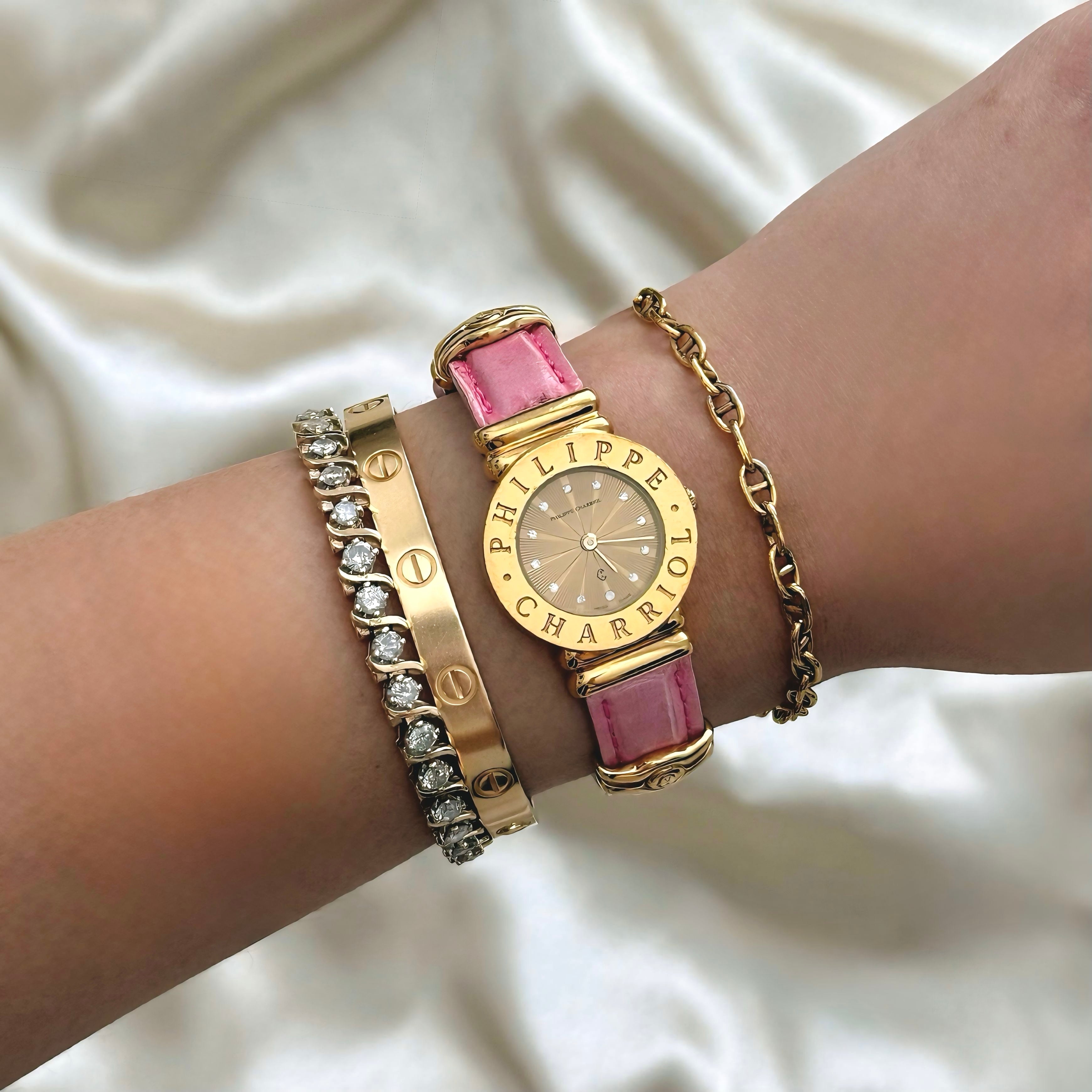 ✨稼働品✨PHILIPPE CHARRIOL 腕時計 ゴールド/ピンク　12P VINTAGE PHILIPPE CHARRIOL PINK LEATHER DIAMOND WATCH