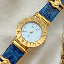 Load image into Gallery viewer, VINTAGE PHILIPPE CHARRIOL MOTHER-OF-PEARL &amp; DIAMOND BLUE LEATHER WATCH
