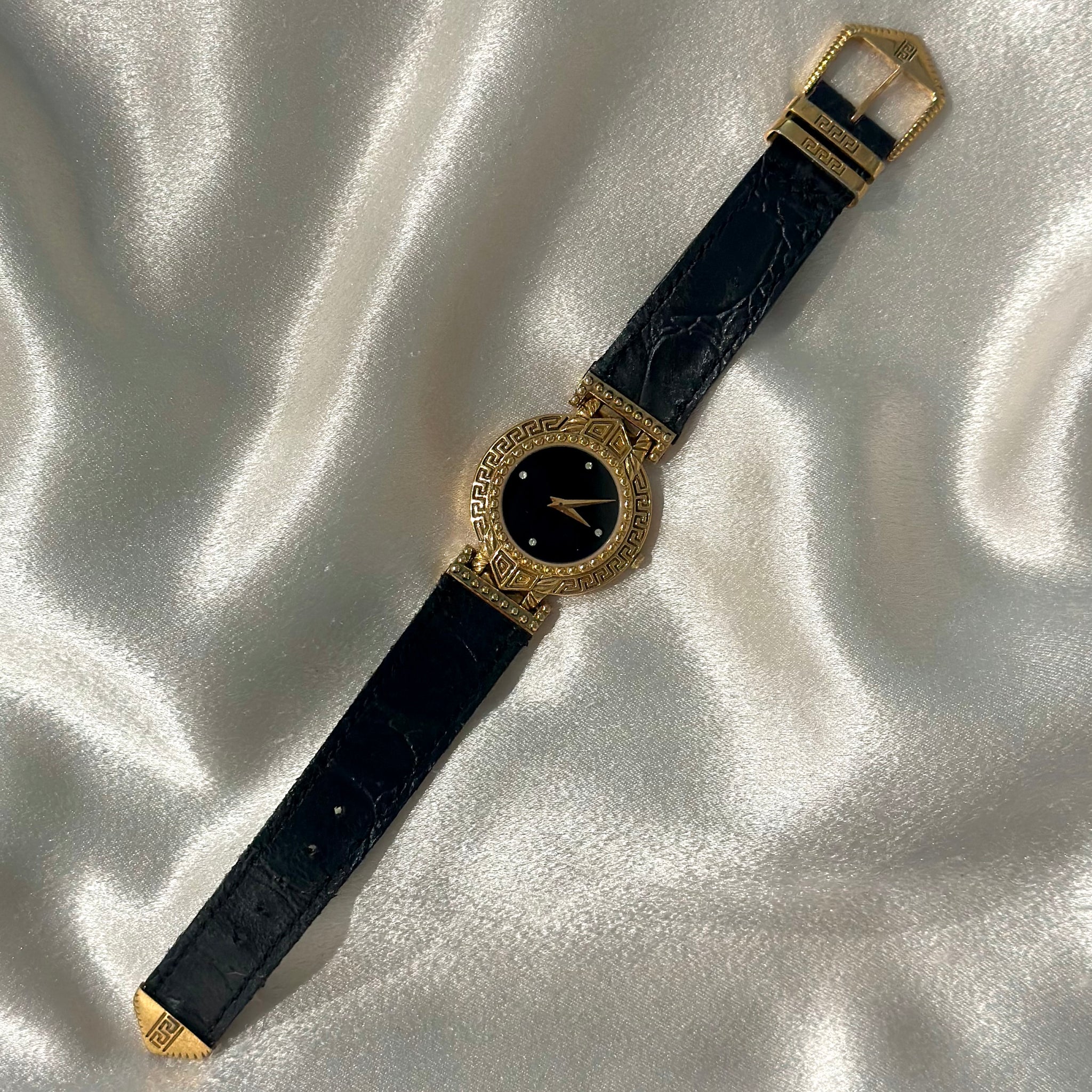 Versace Gold-Tone Rectangular Case Black Leather Strap Watch VINTAGE VERSACE BLACK LEATHER WATCH – Panahon Designs main image 4