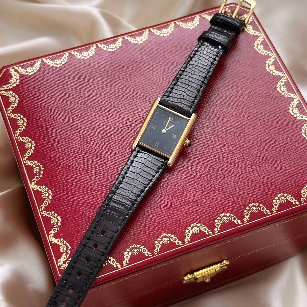 VINTAGE CARTIER BLACK LEATHER WATCH
