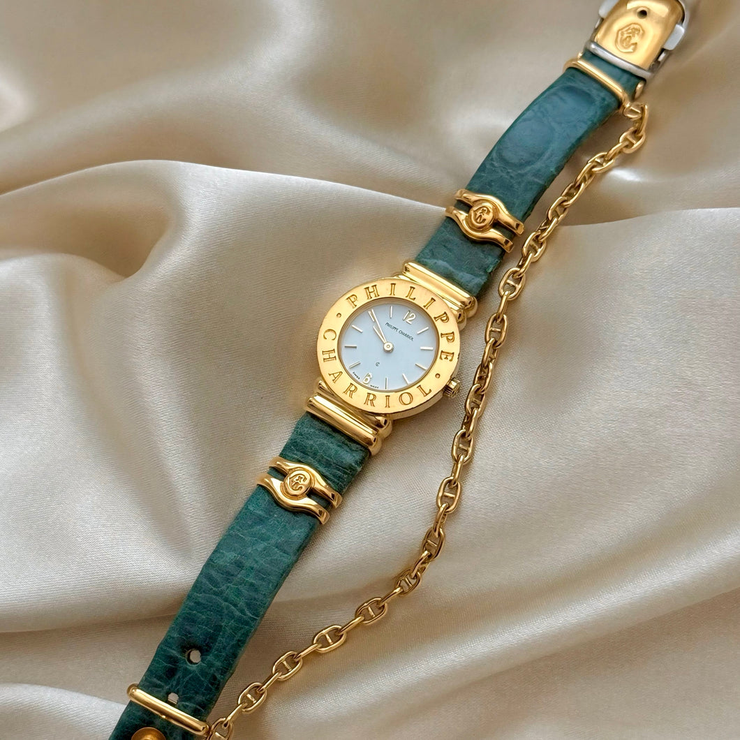 VINTAGE PHILIPPE CHARRIOL GREEN LEATHER WATCH